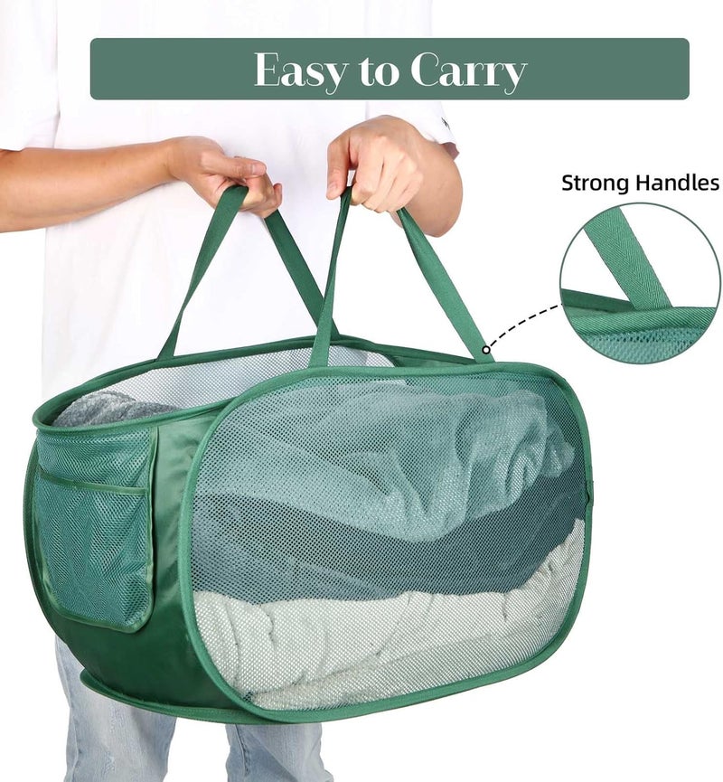 Bemkoo Sturdy Mesh Pop Up Laundry Hamper, Collapsible Laundry Baskets with Side Pocket, Foldable Clothes Hamper with Reinforced Carry Handles for Laundry, Bathroom, Kids Room, Dorm or Travel 2 Pack Emerald - Image 5